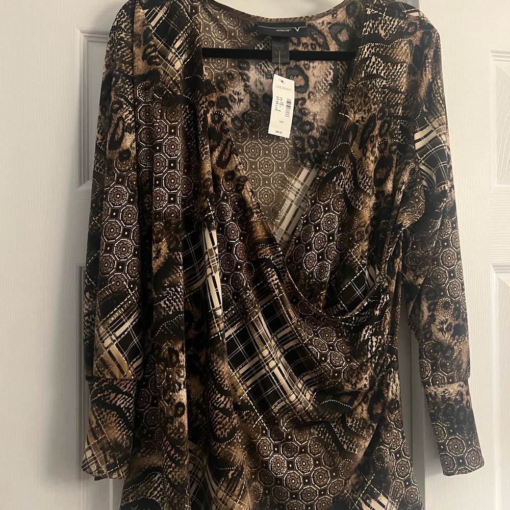 Lane Bryant Brown Patterned V-Neck Blouse